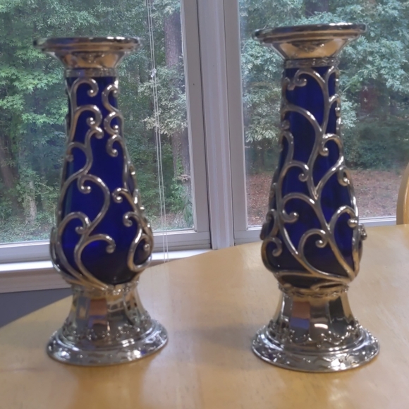 Other - RARE VINTAGE BLUE GLASS SILVER CANDLE HOLDER